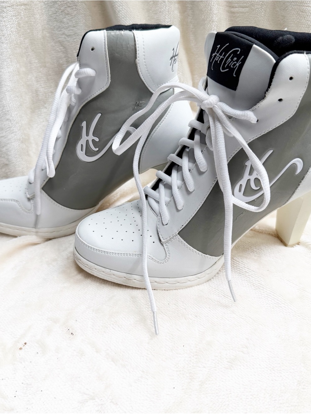 White & Gray High-Top Heel Sneakers